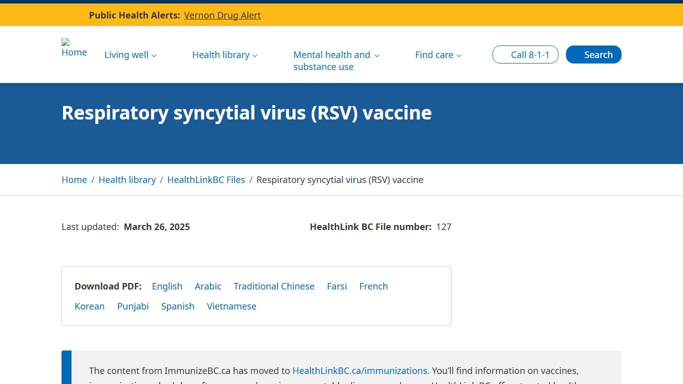 Respiratory syncytial virus (RSV) vaccine HealthLink BC